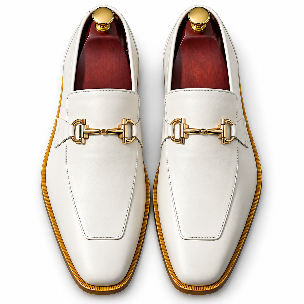 Men’s White Horsebit Loafers with Gold Hardware