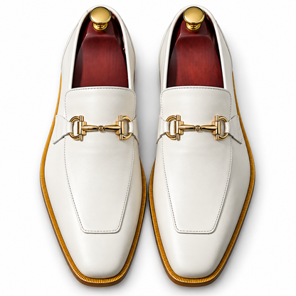 Men’s White Horsebit Loafers with Gold Hardware