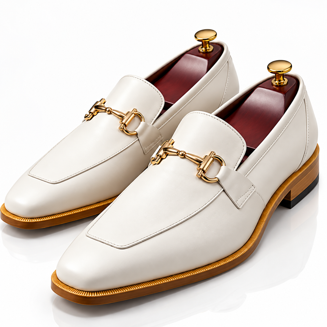 Men’s White Horsebit Loafers with Gold Hardware