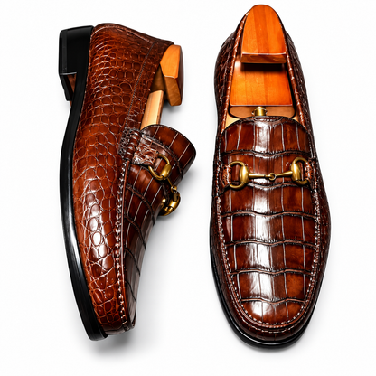 Men’s Brown Croc-Pattern Horsebit Loafers