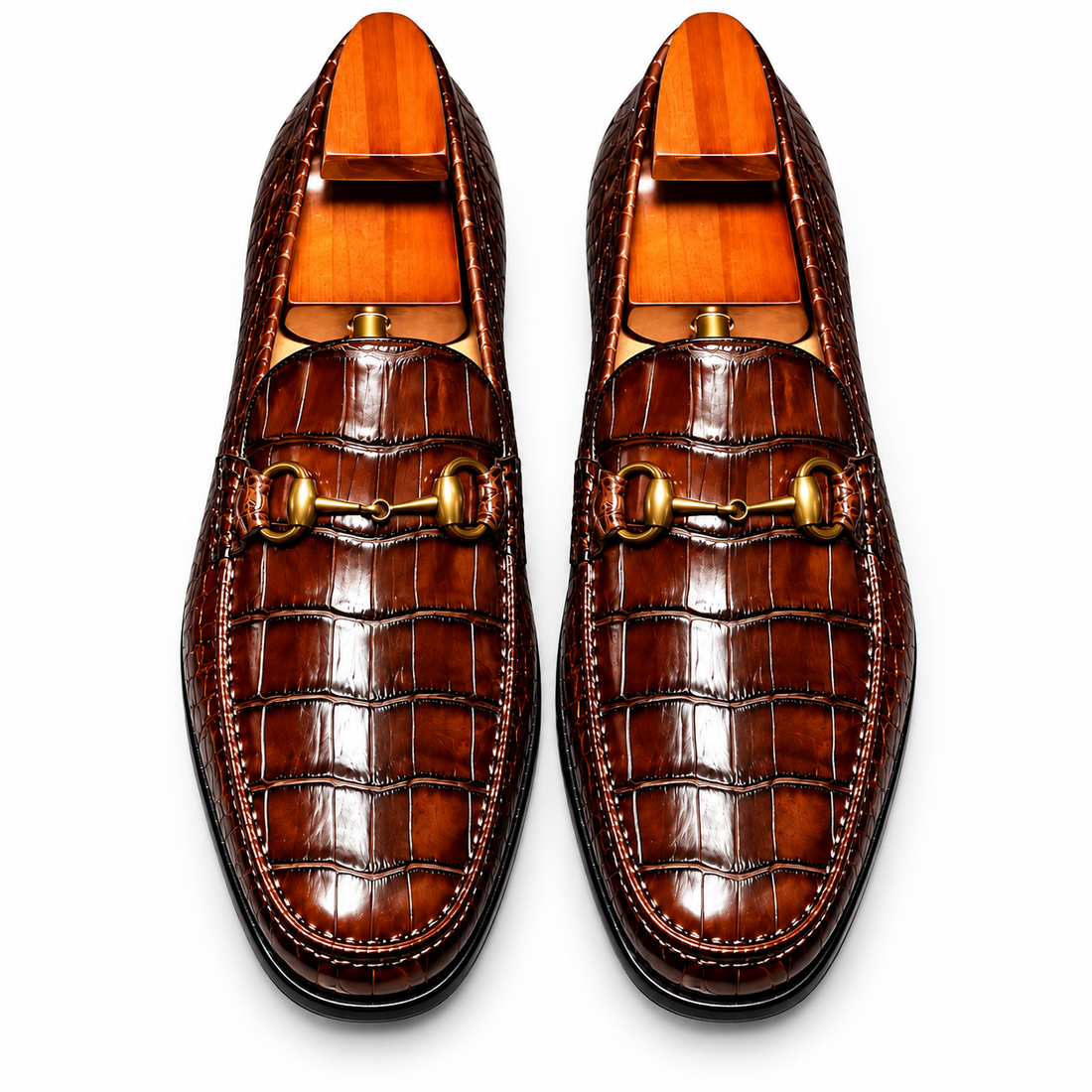Men’s Brown Croc-Pattern Horsebit Loafers