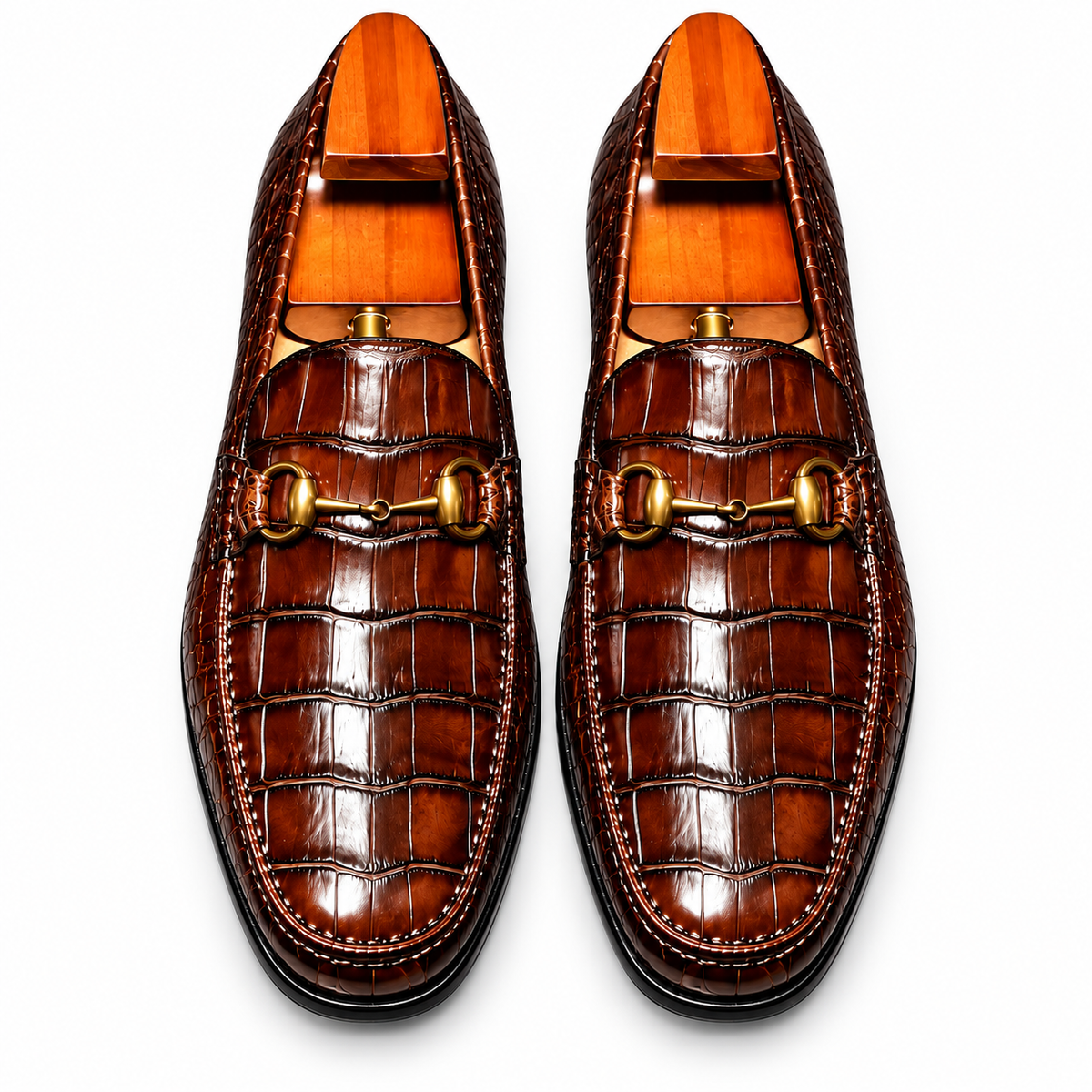 Men’s Brown Croc-Pattern Horsebit Loafers