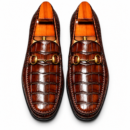 Men’s Brown Croc-Pattern Horsebit Loafers
