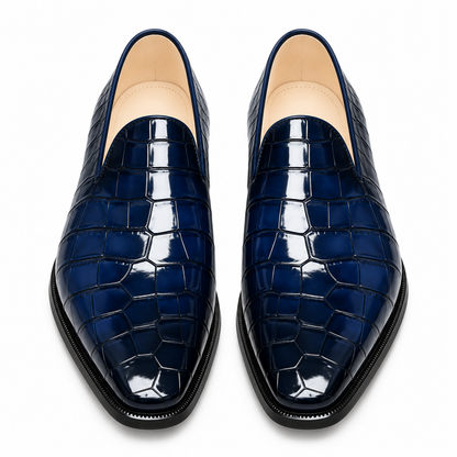 Men’s Navy Blue Crocodile-Pattern Luxury Loafers