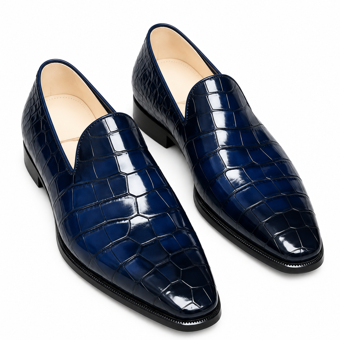 Men’s Navy Blue Crocodile-Pattern Luxury Loafers