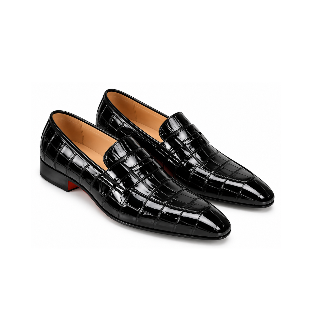 Men’s Black Crocodile-Pattern Buckle Loafers