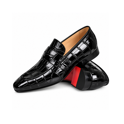 Men’s Black Crocodile-Pattern Buckle Loafers